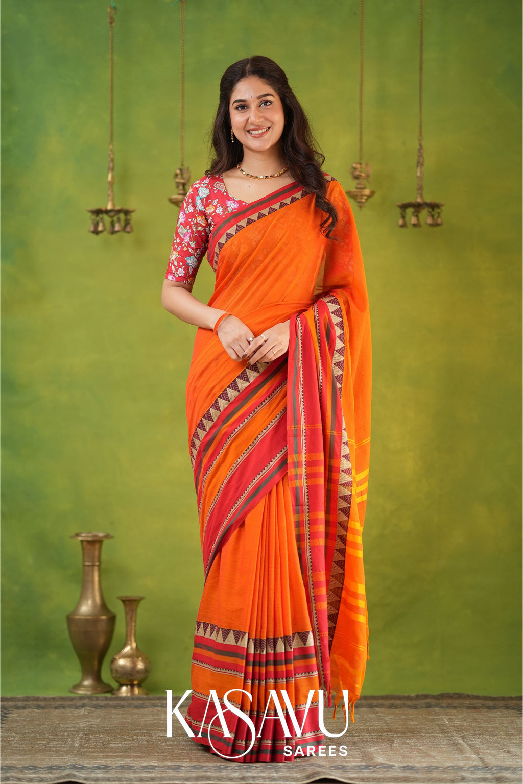Kasavu Orange Narayanpet Cotton Saree