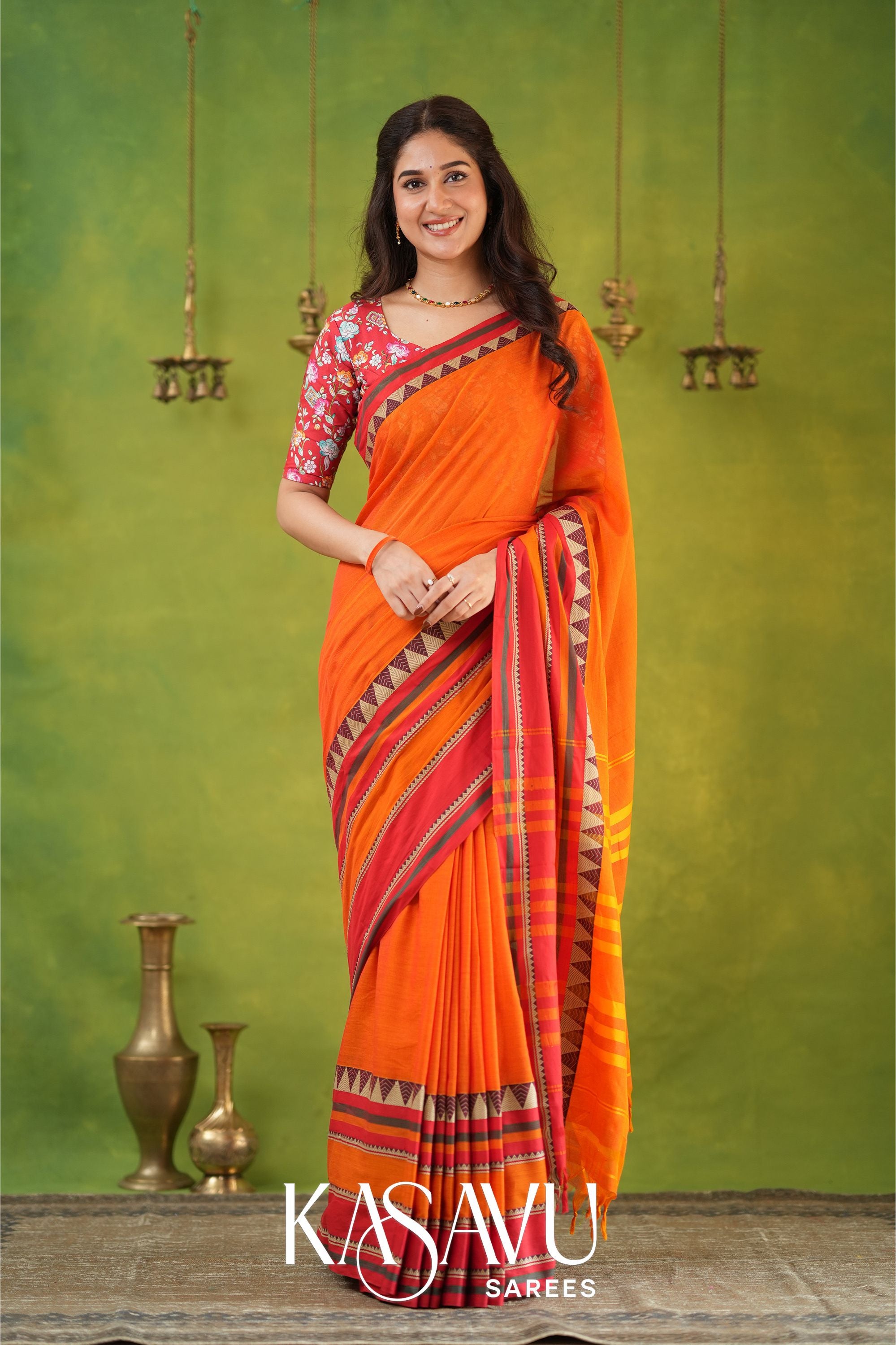 Kasavu Orange Narayanpet Cotton Saree