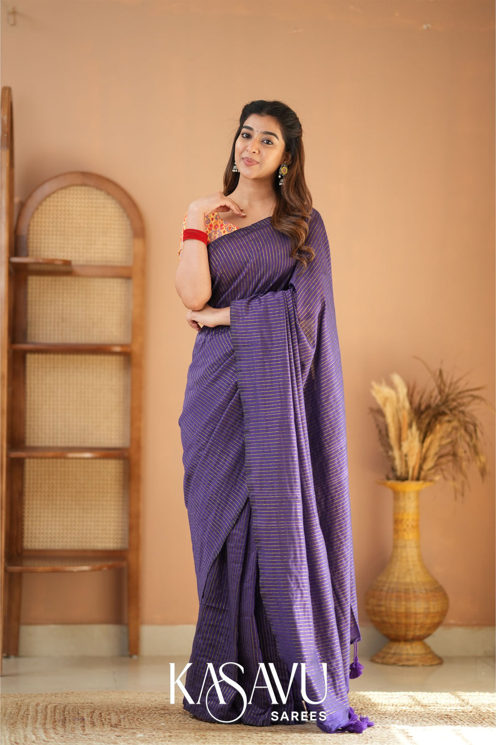 Kasavu Violet Stripe cotton Saree