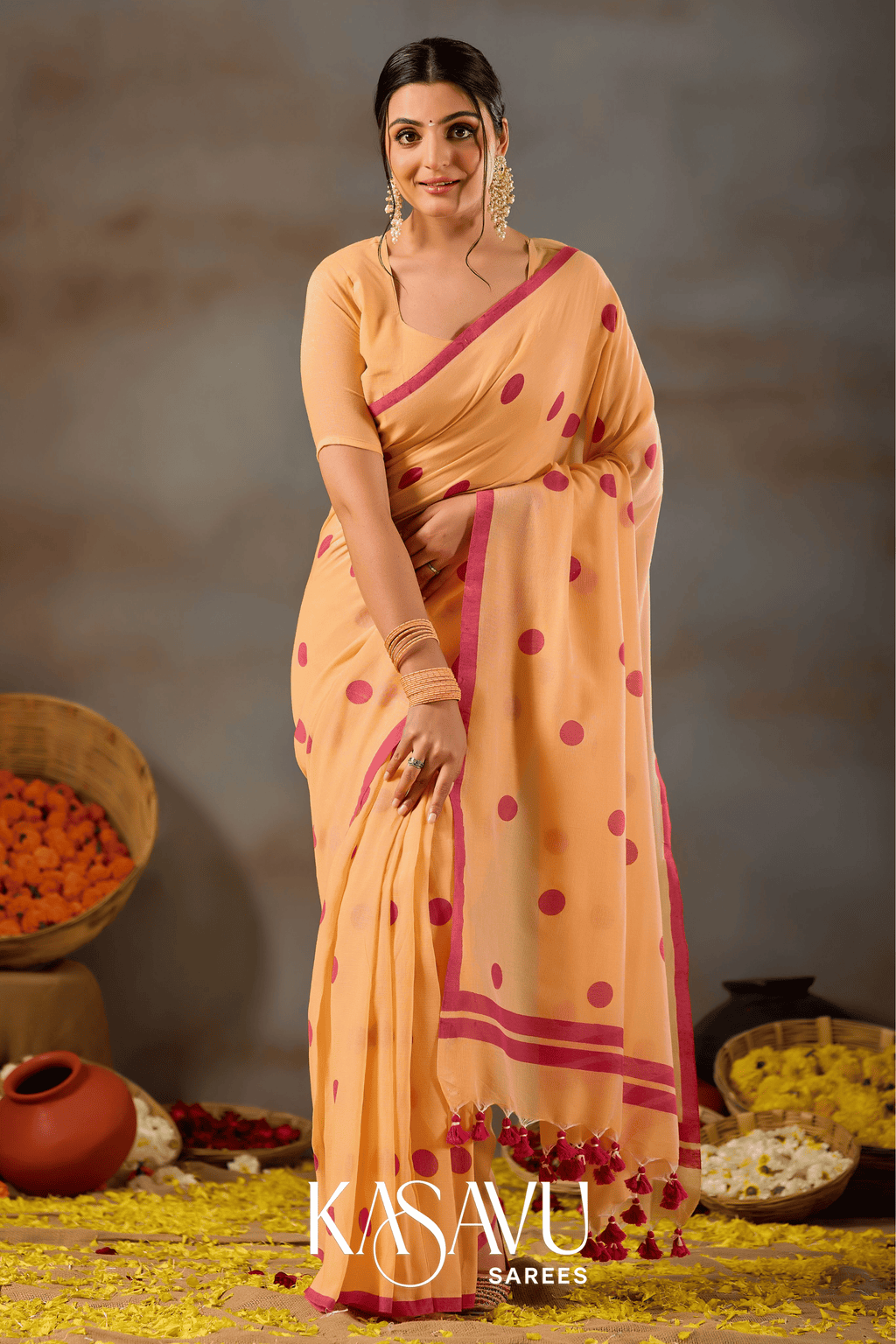 Kasavu Yellow Powerloom Print Cotton Saree