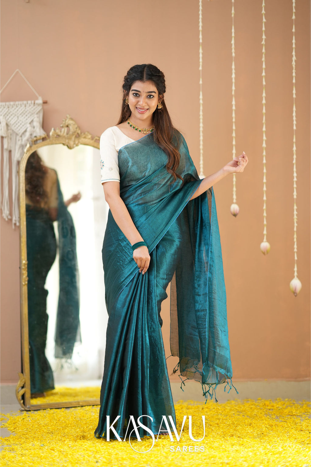 Kasavu Teal Green Tissue Cotten Saree