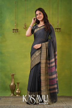 Kasavu Gray Narayanpet Cotton Saree