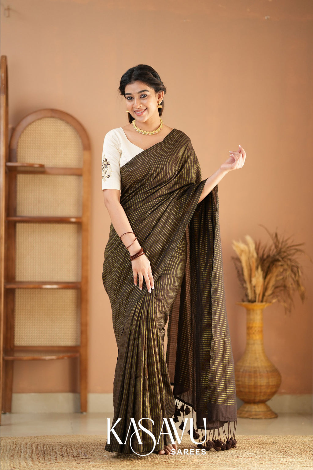 Kasavu Brown Stripe cotton Saree