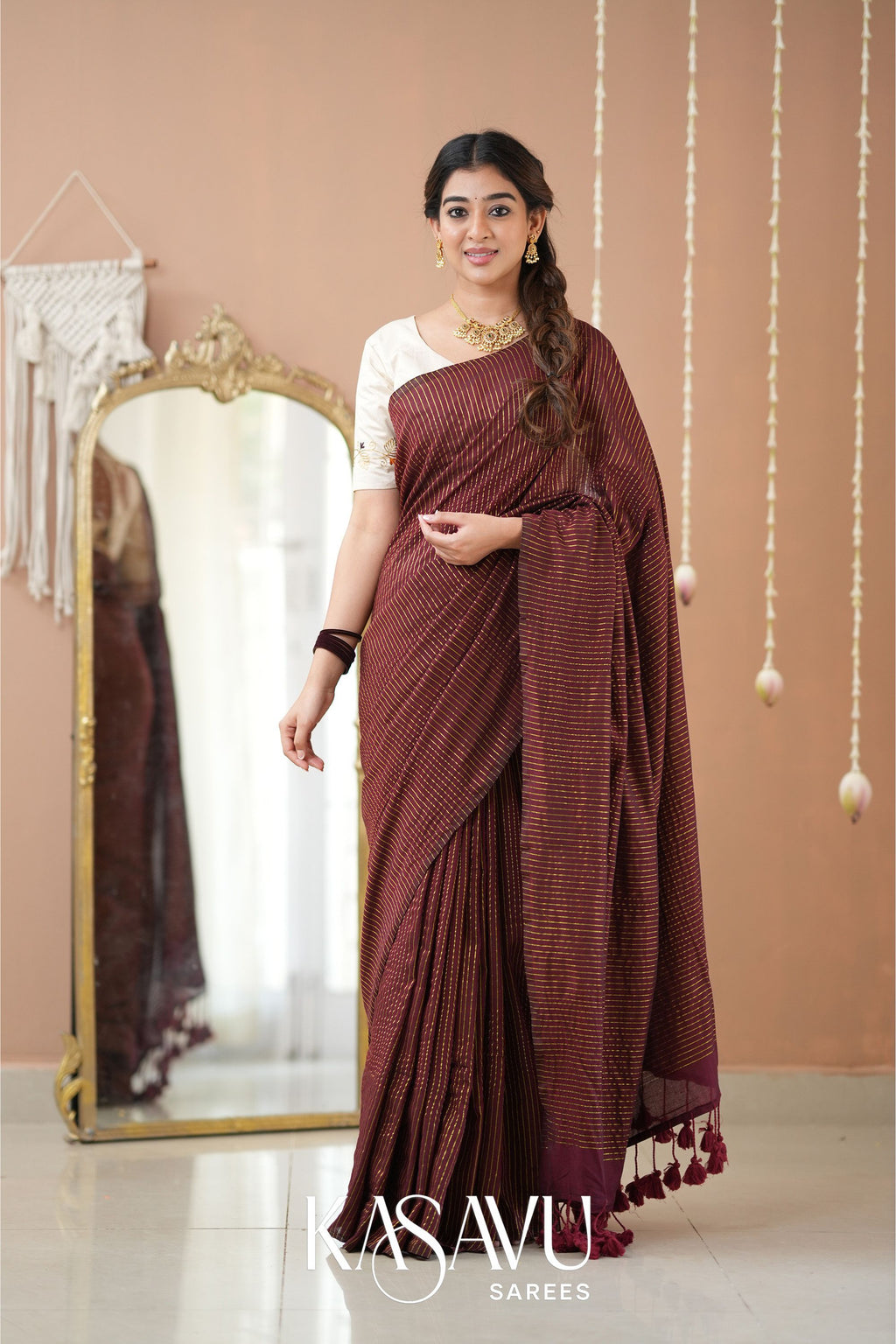 Kasavu Brown Stripe cotton Saree