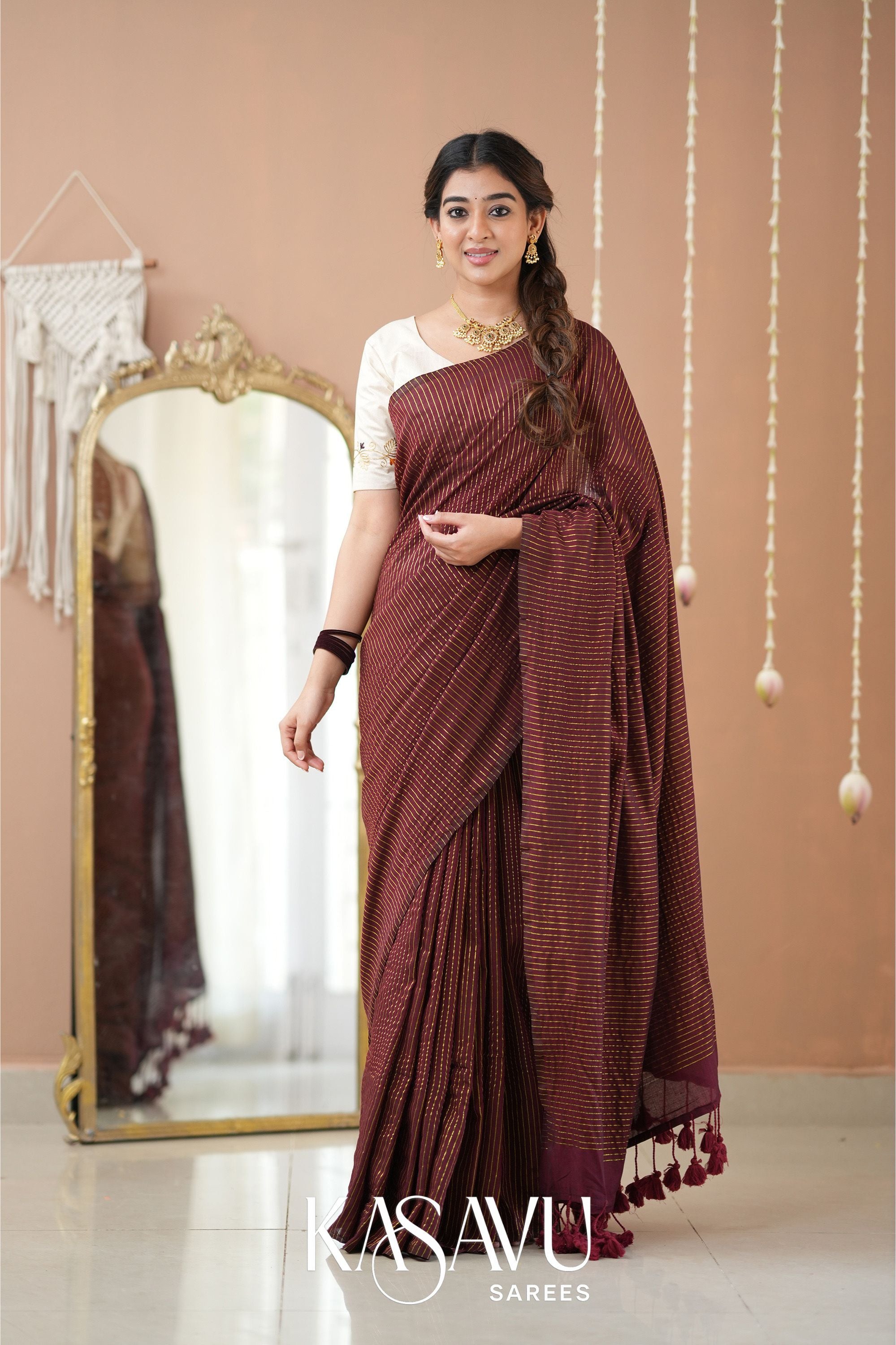 Kasavu Brown Stripe cotton Saree