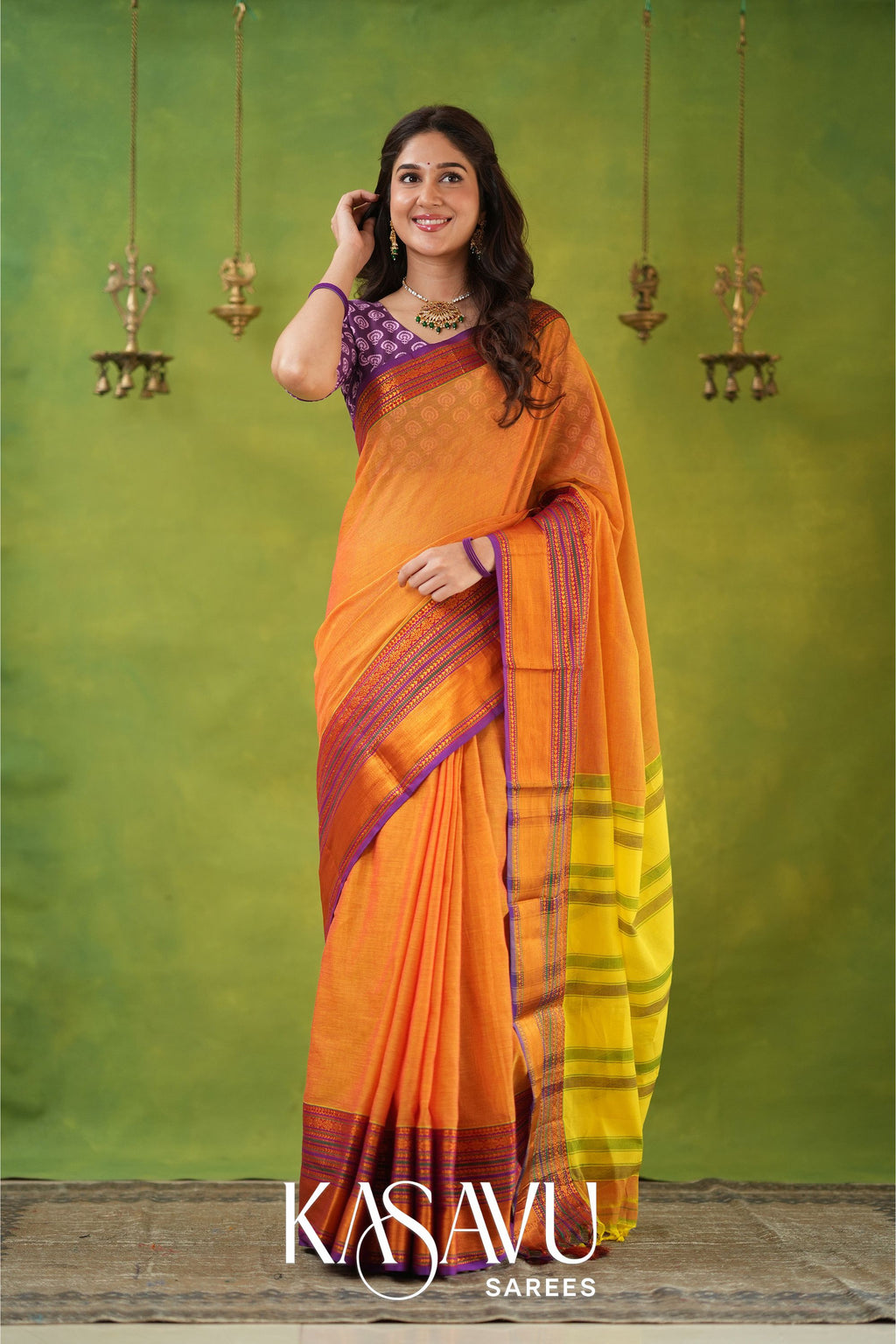 Kasavu Mustrad Yellow Narayanpet Cotton Saree