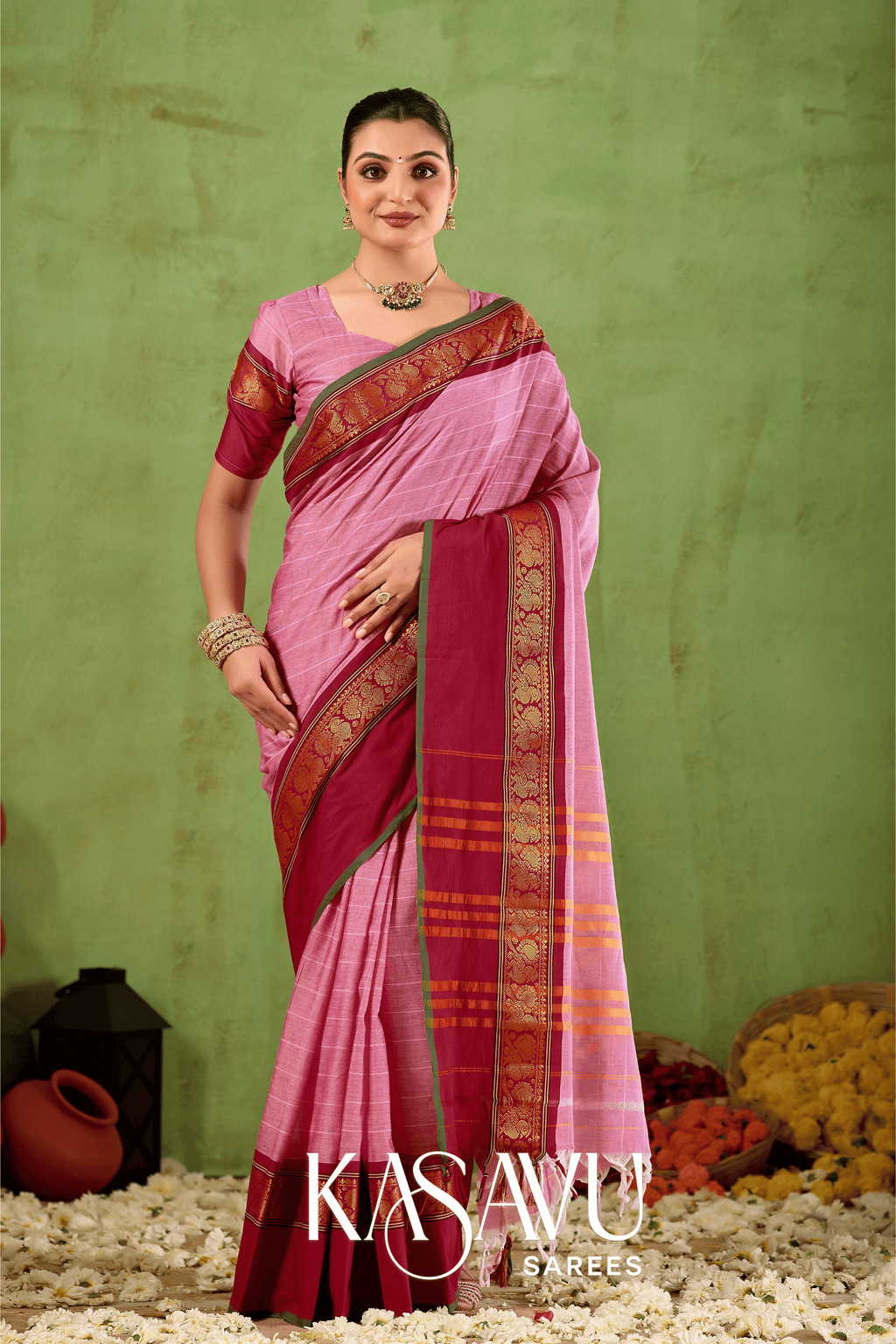 Kasavu Pink Narayanpet Cotton Saree