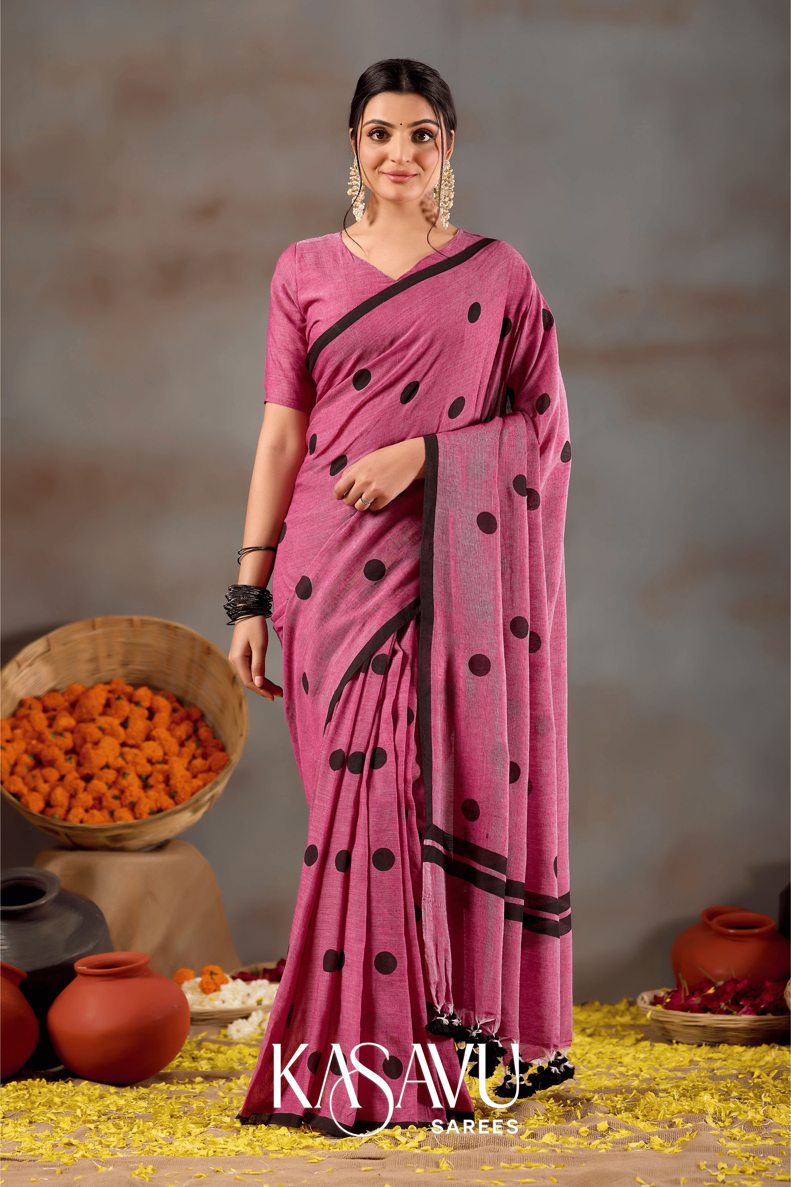 Kasavu Pink Powerloom Print Cotton Saree