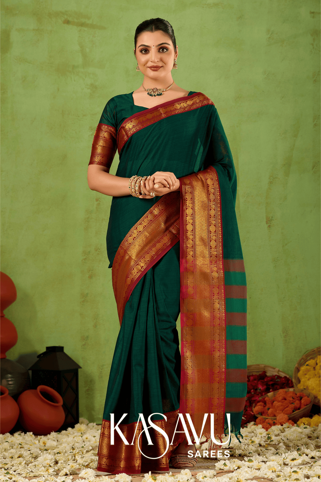Kasavu Green Narayanpet Cotton Saree