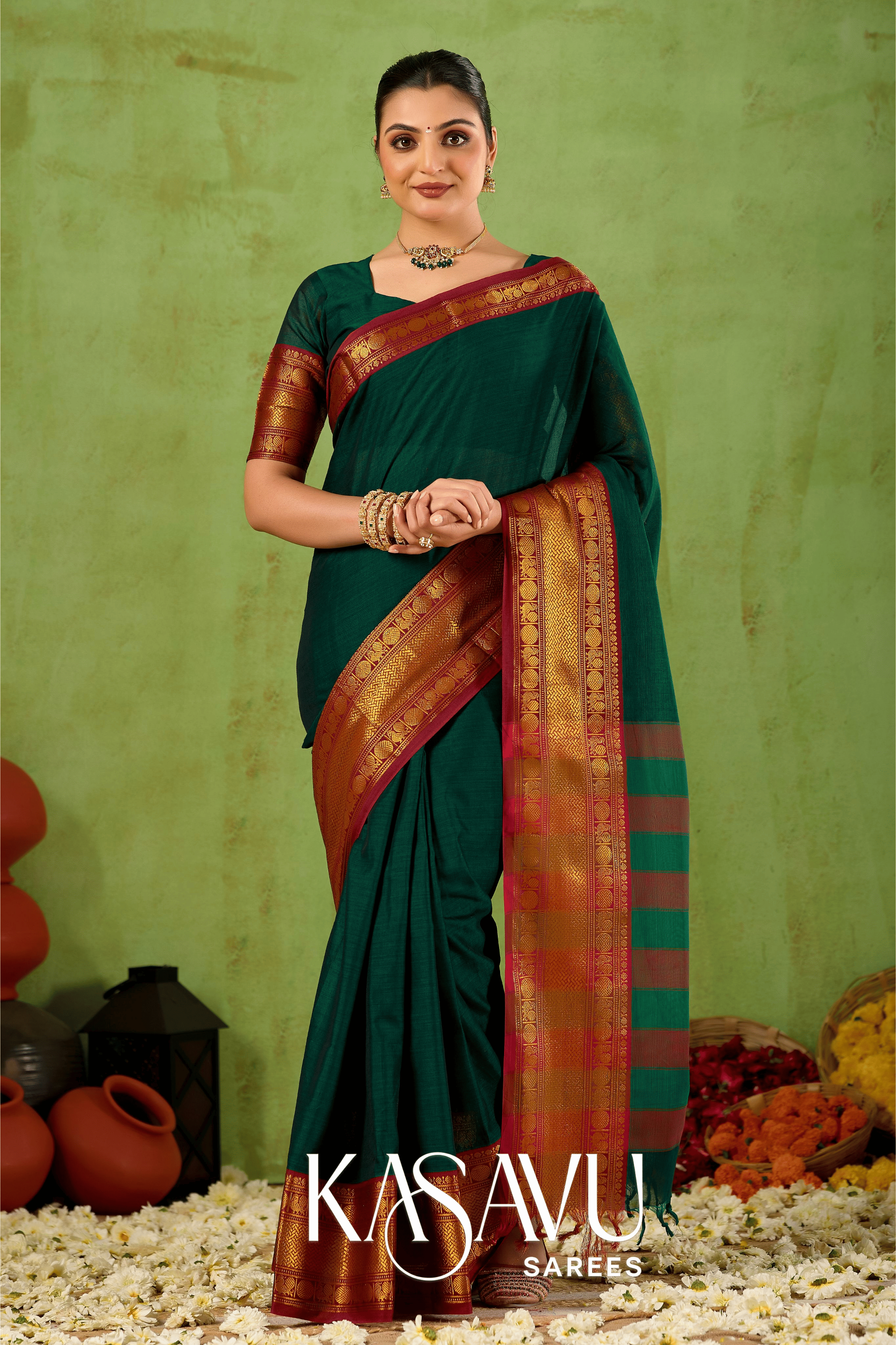 Kasavu Green Narayanpet Cotton Saree