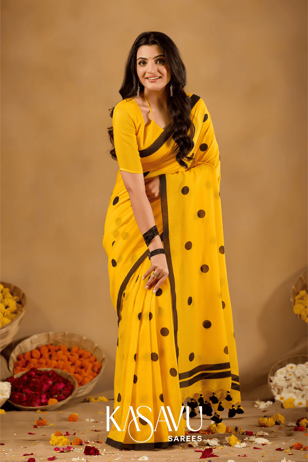 Kasavu Yellow Powerloom Print Cotton Saree