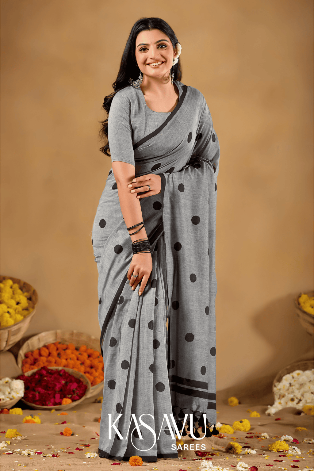 Kasavu Gray Powerloom Print Cotton Saree