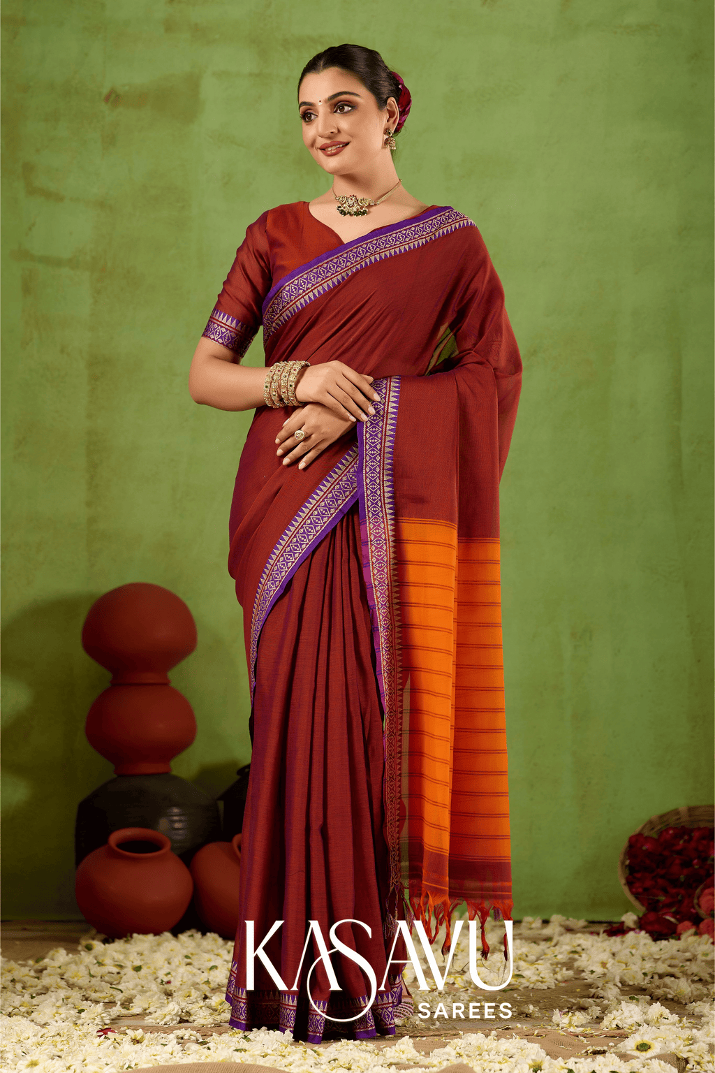 Kasavu Maroon Narayanpet Cotton Saree