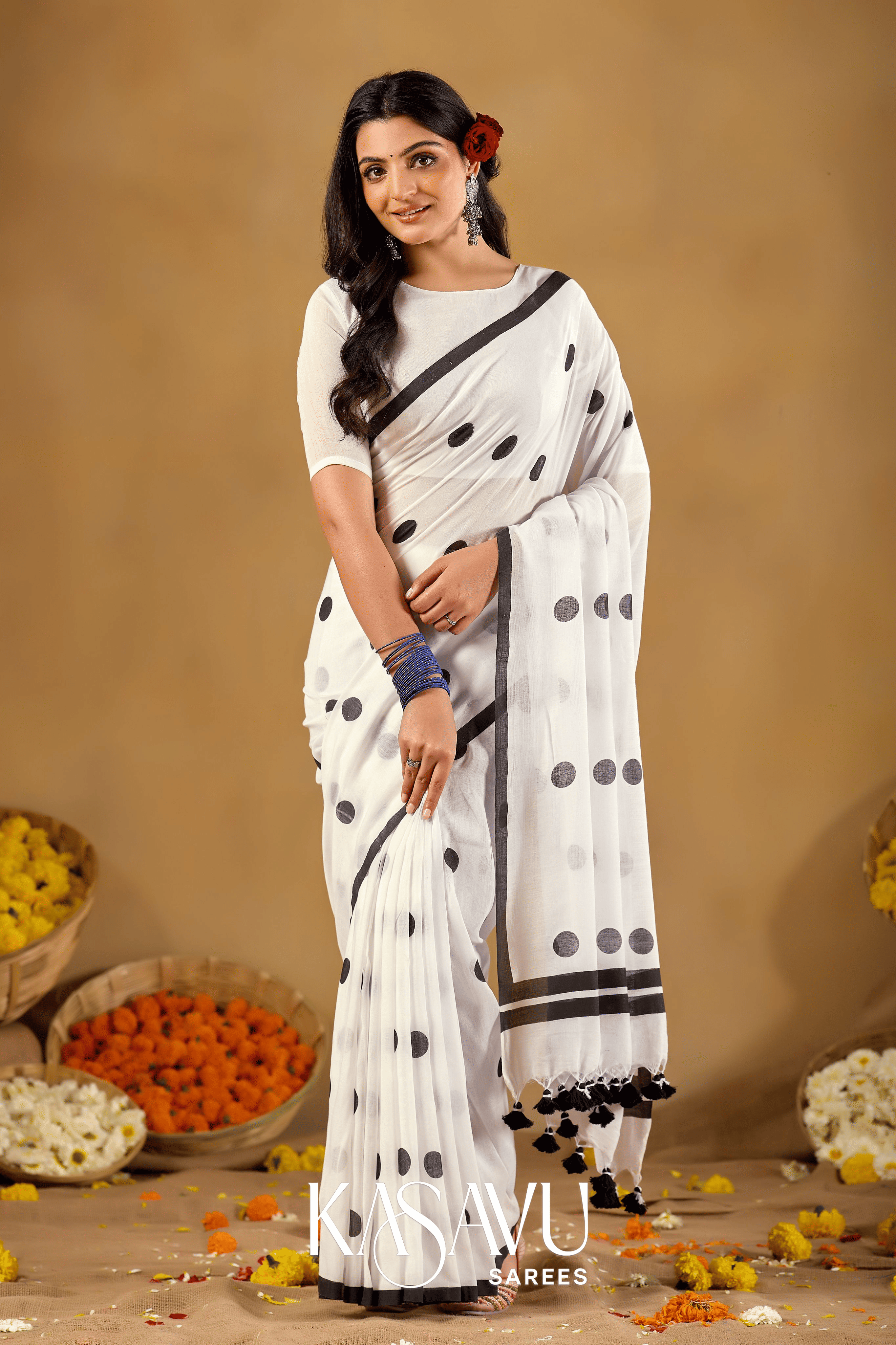 Kasavu White Powerloom Print Cotton Saree