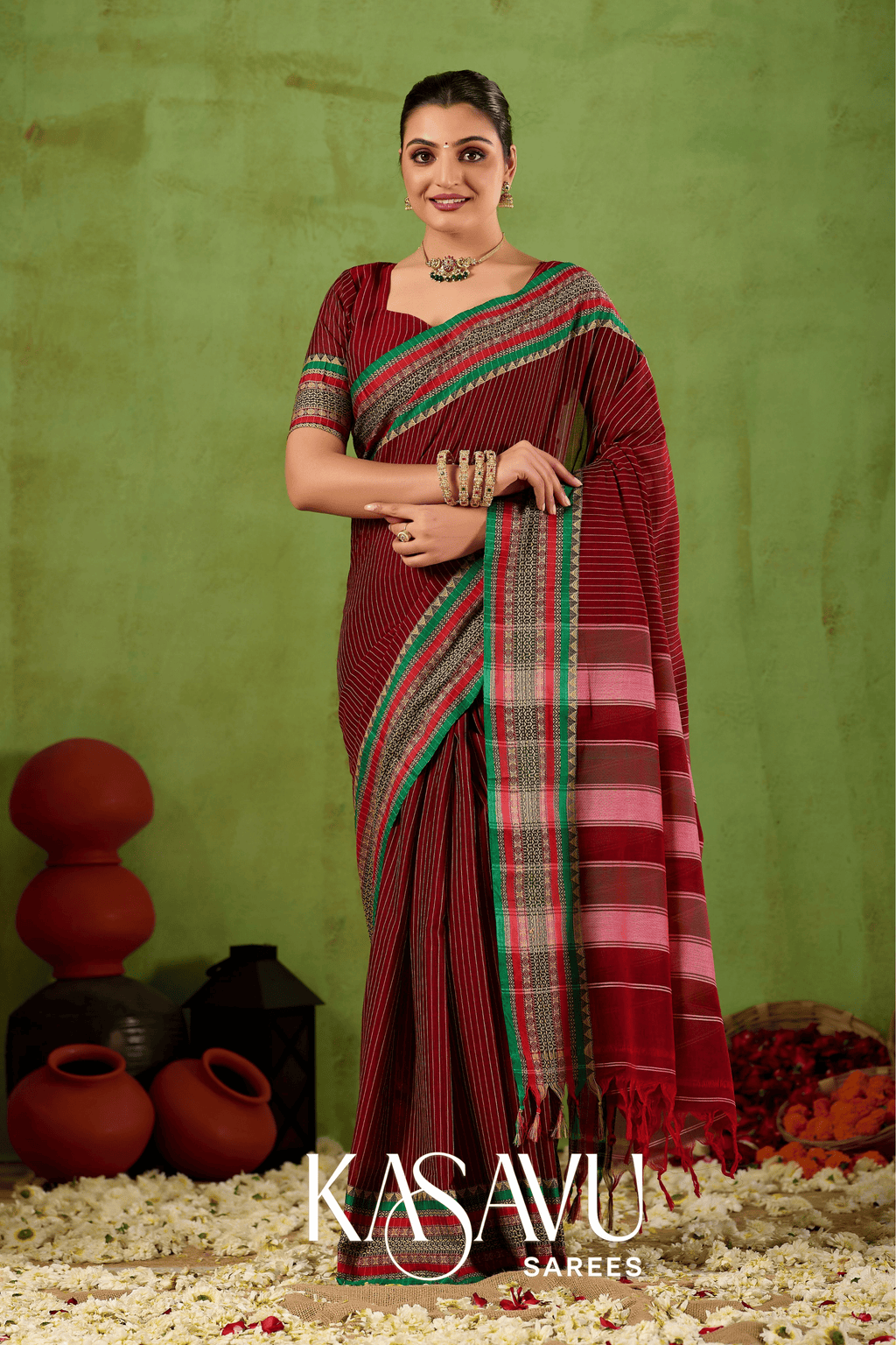 Kasavu Maroon Narayanpet Cotton Saree