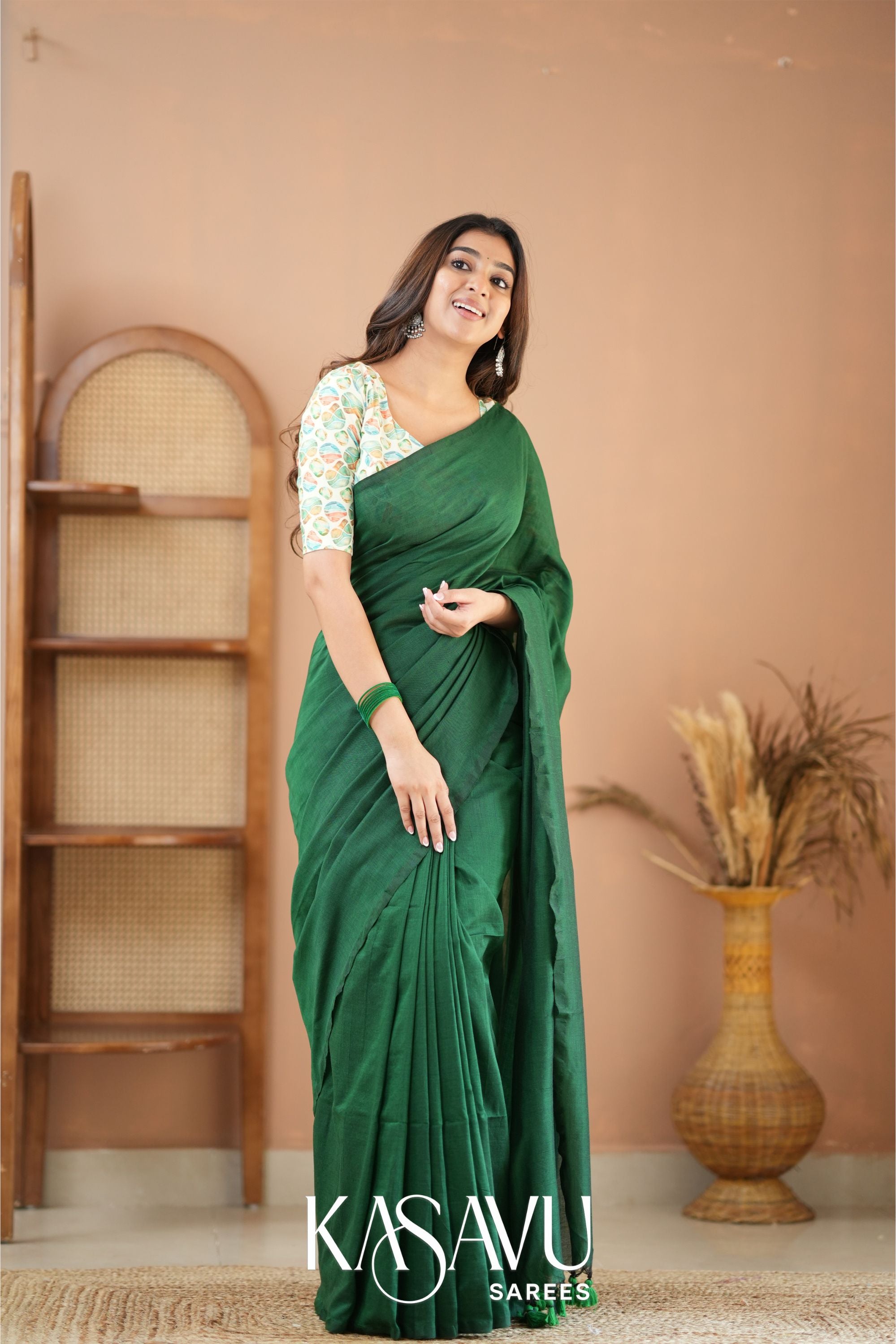 Kasavu Green Powerloom Cotton Saree