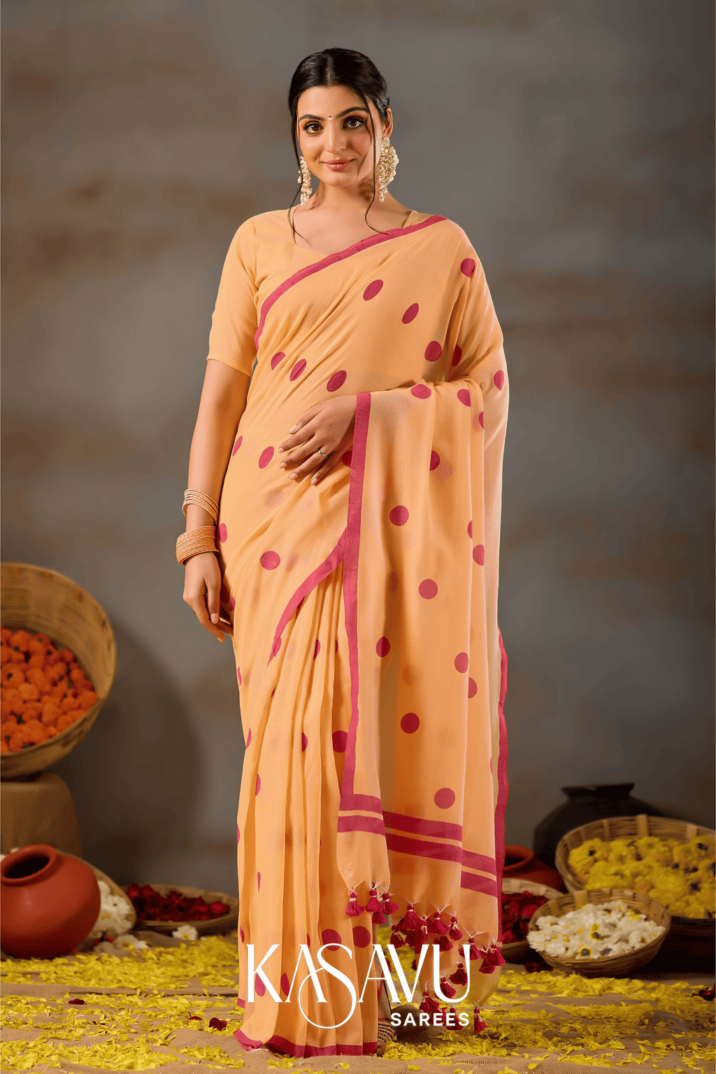 Kasavu Yellow Powerloom Print Cotton Saree
