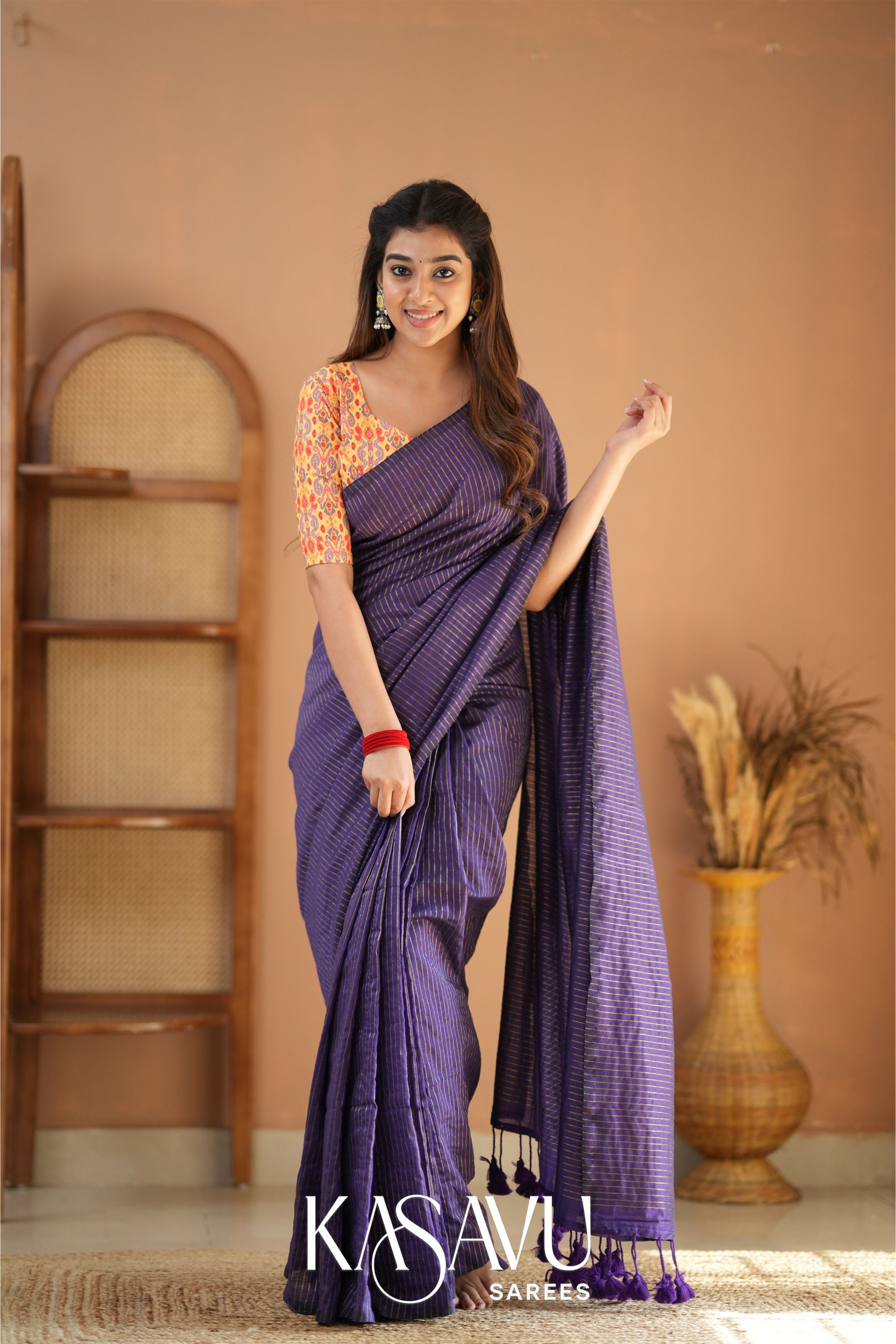 Kasavu Violet Stripe cotton Saree