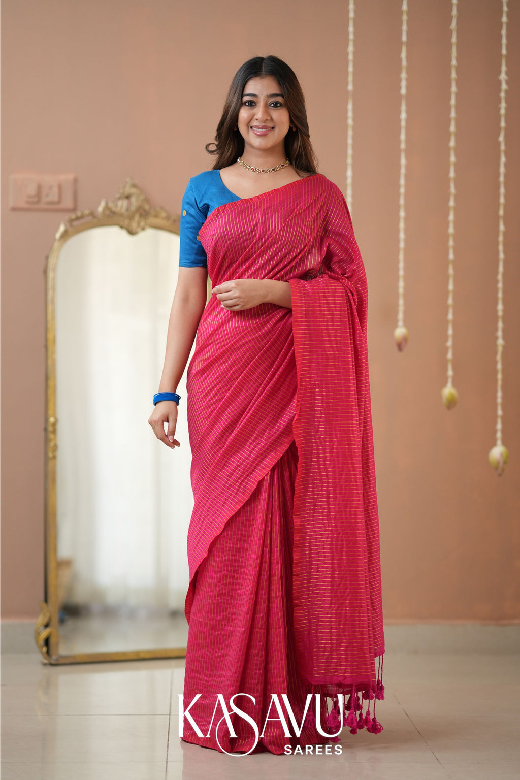 Kasavu Pink Stripe cotton Saree