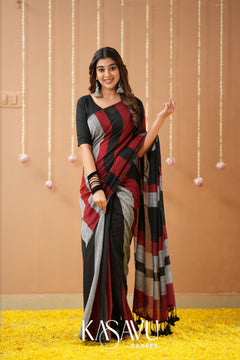 Kasavu Black Khadi Cotten Saree with Multicolour Border & Designer Blouse