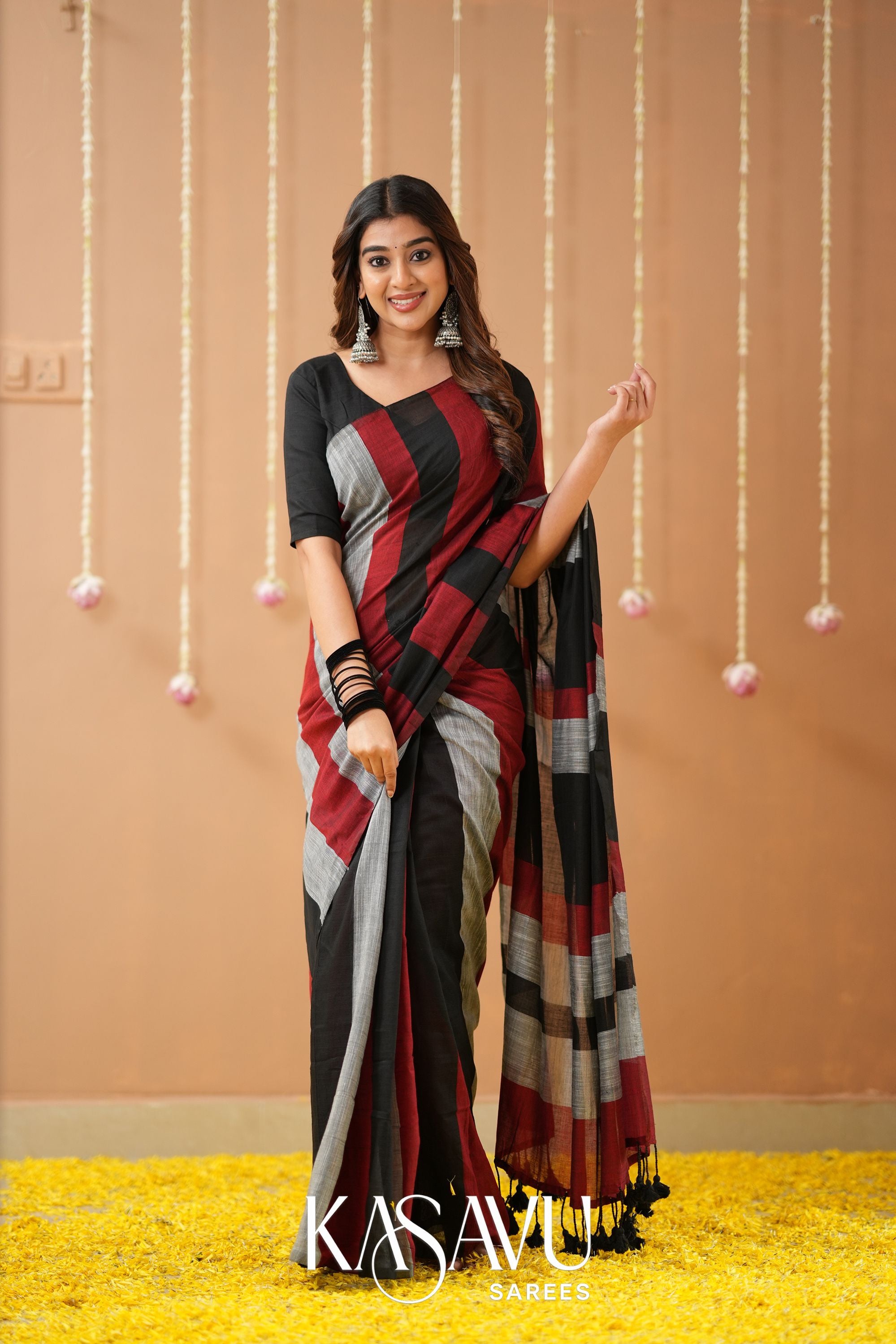 Kasavu Black Khadi Cotten Saree with Multicolour Border & Designer Blouse