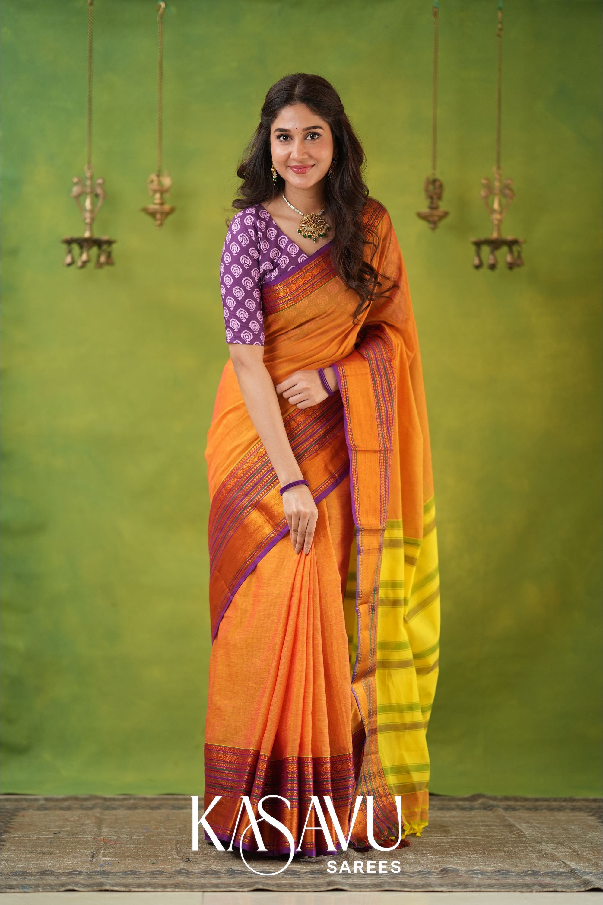 Kasavu Mustrad Yellow Narayanpet Cotton Saree Main image