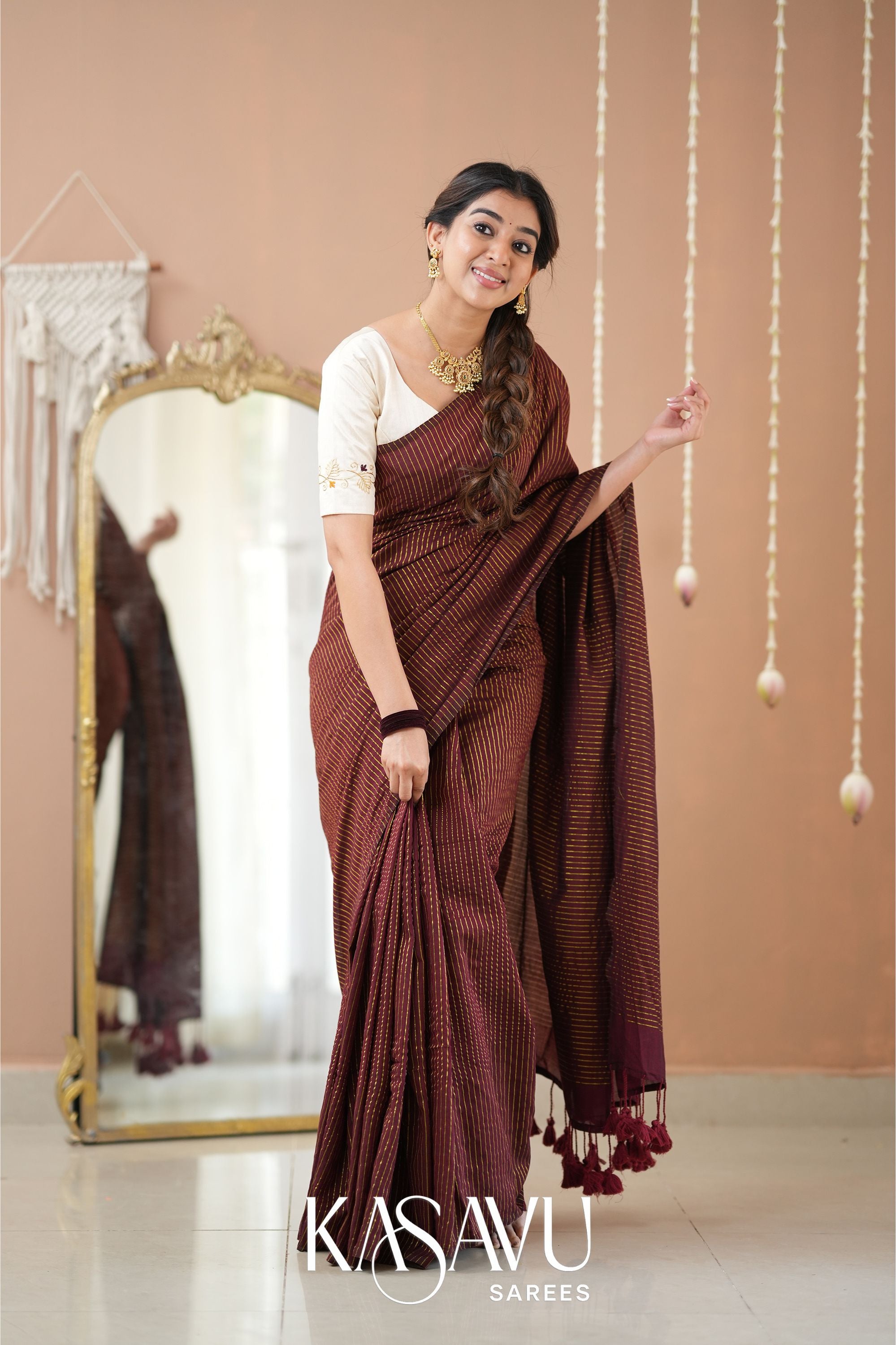 Kasavu Brown Stripe cotton Saree