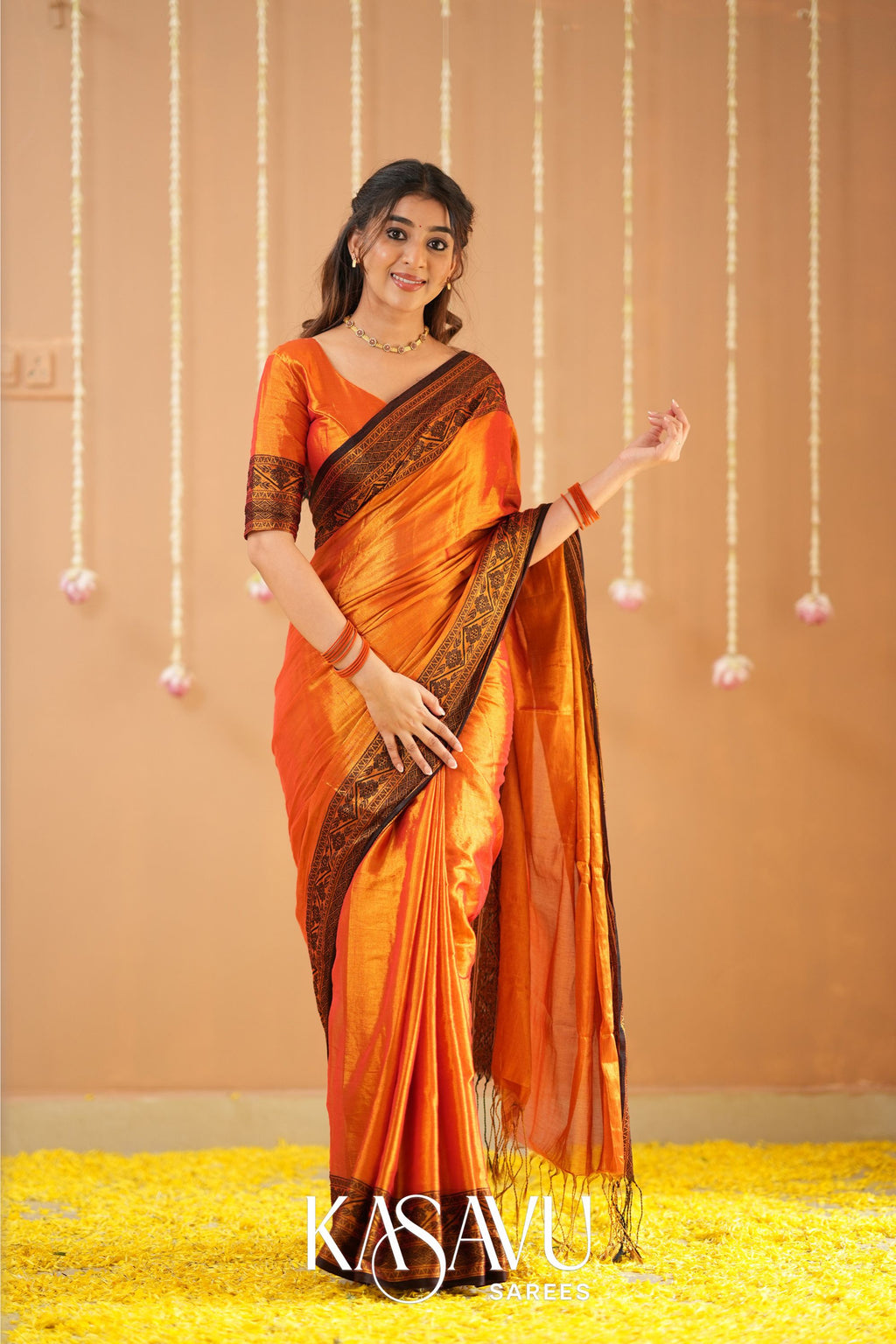 Kasavu Orange Tissue Cotten Saree