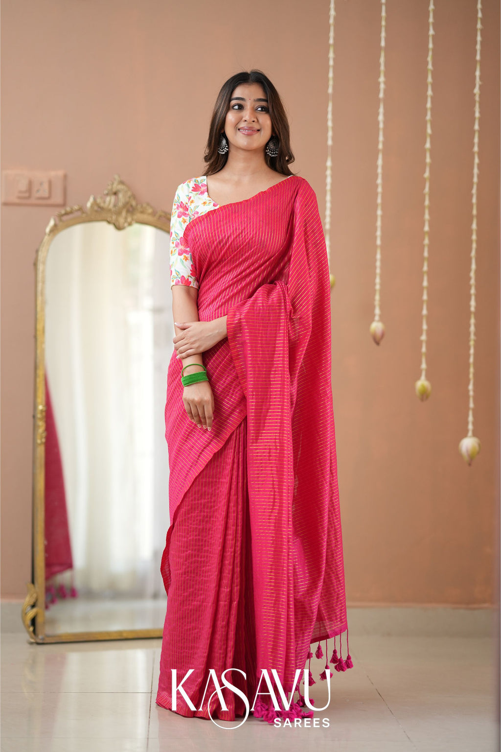 Kasavu Pink Stripe cotton Saree