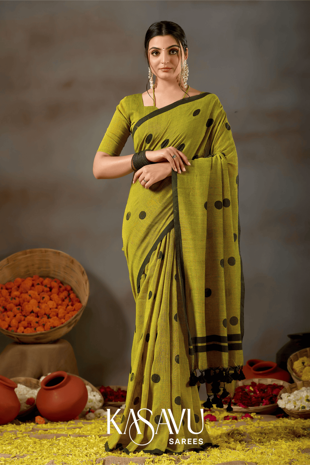 Kasavu Olive Green Powerloom Print Cotton Saree