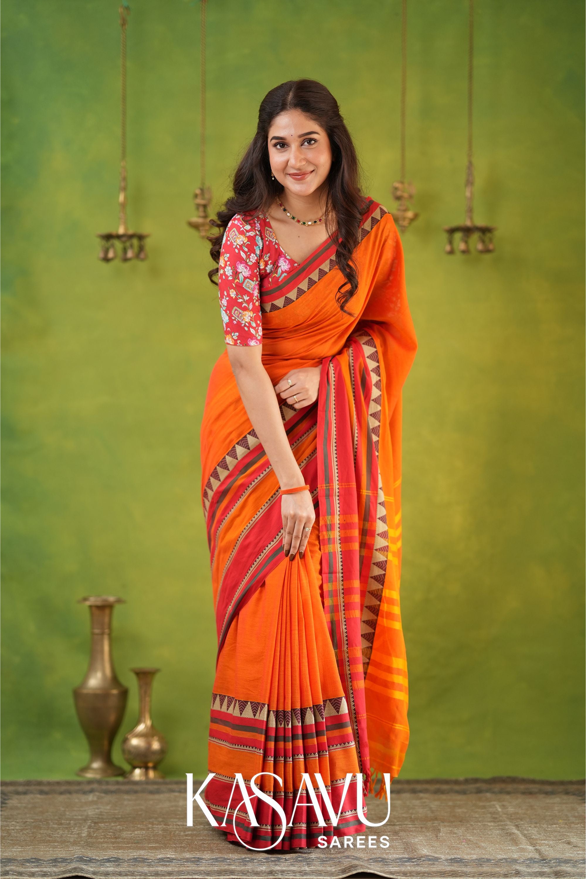 Kasavu Orange Narayanpet Cotton Saree Main image