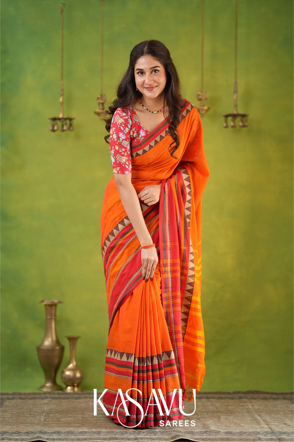 Kasavu Orange Narayanpet Cotton Saree