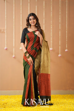 Kasavu Green Khadi Cotten Saree with Multicolour Border & Designer Blouse
