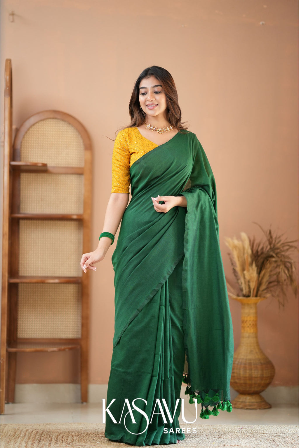 Kasavu Green Powerloom Cotton Saree