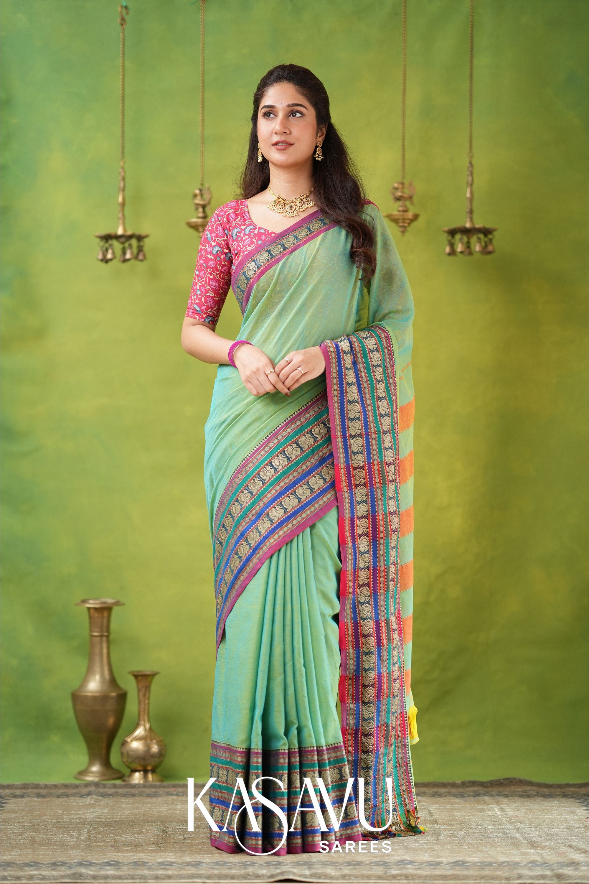 Kasavu Green Narayanpet Cotton Saree