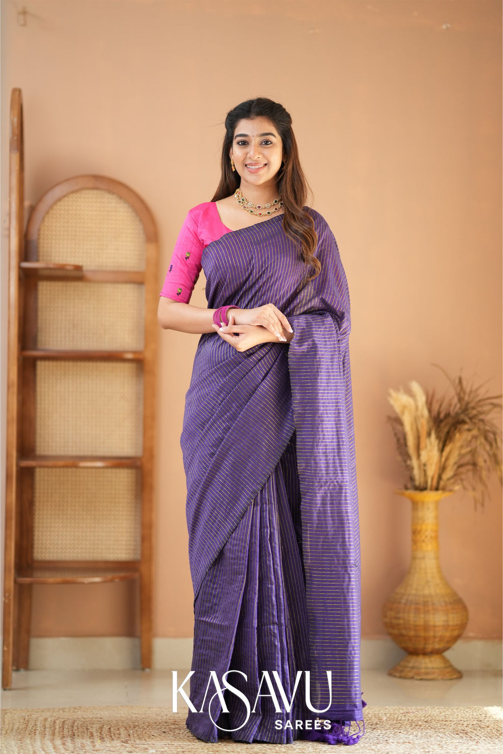 Kasavu Violet Stripe cotton Saree