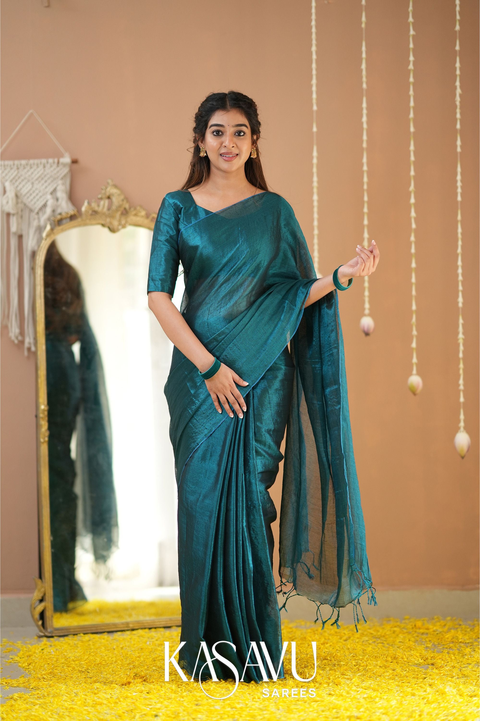 Kasavu Teal Green Tissue Cotten Saree