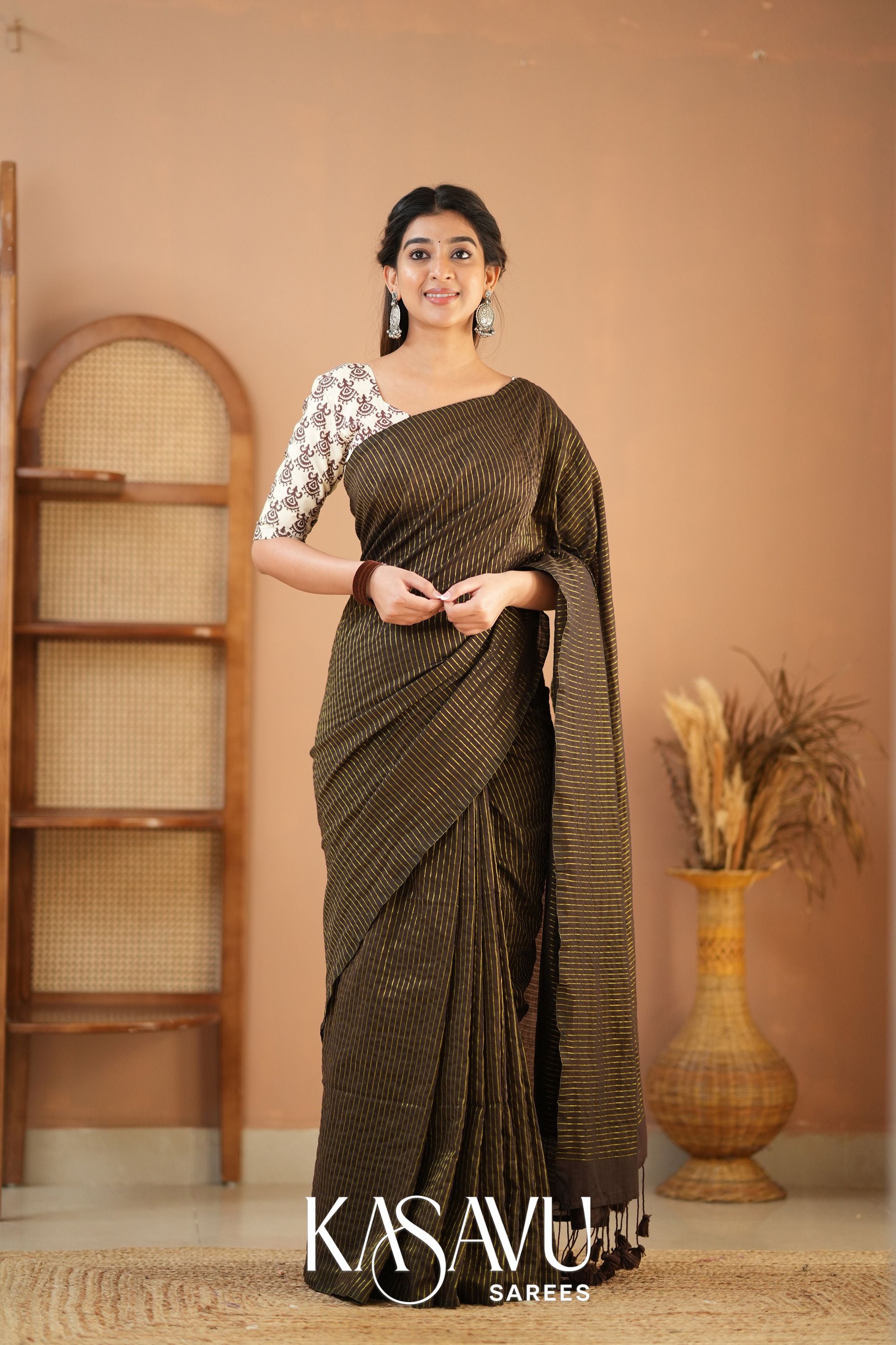 Kasavu Brown Stripe cotton Saree