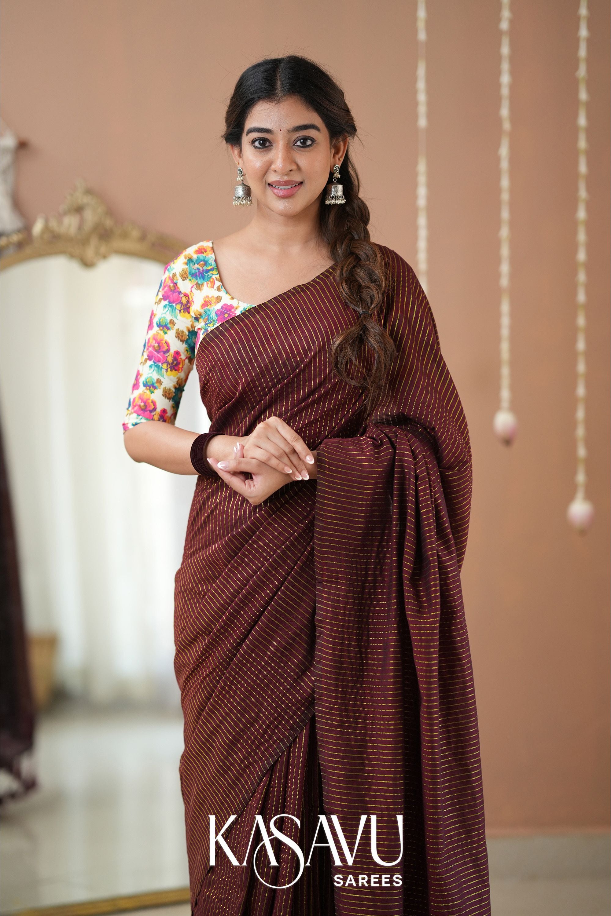 Kasavu Brown Stripe cotton Saree
