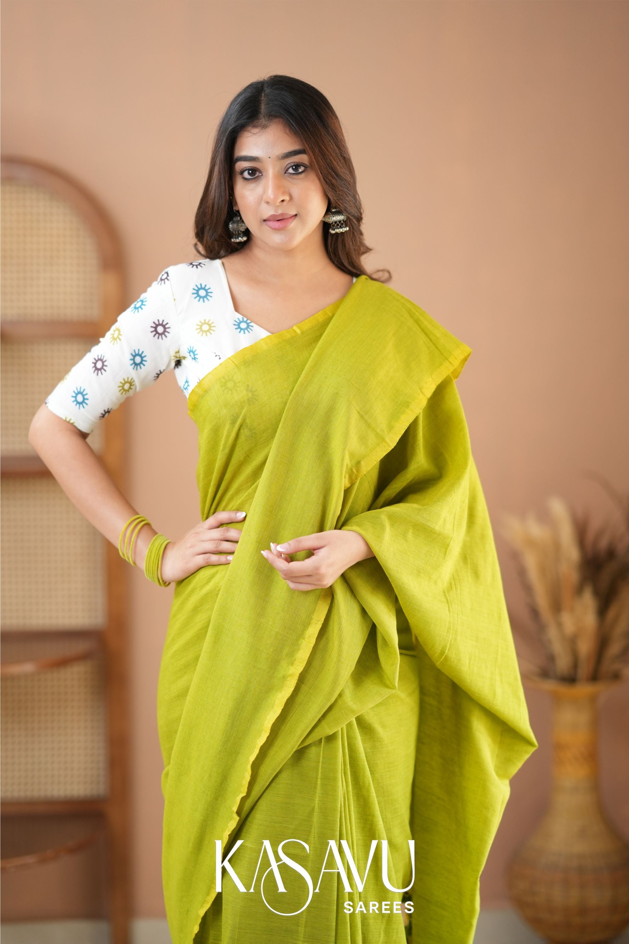 Kasavu Parrot Green Powerloom Cotton Saree