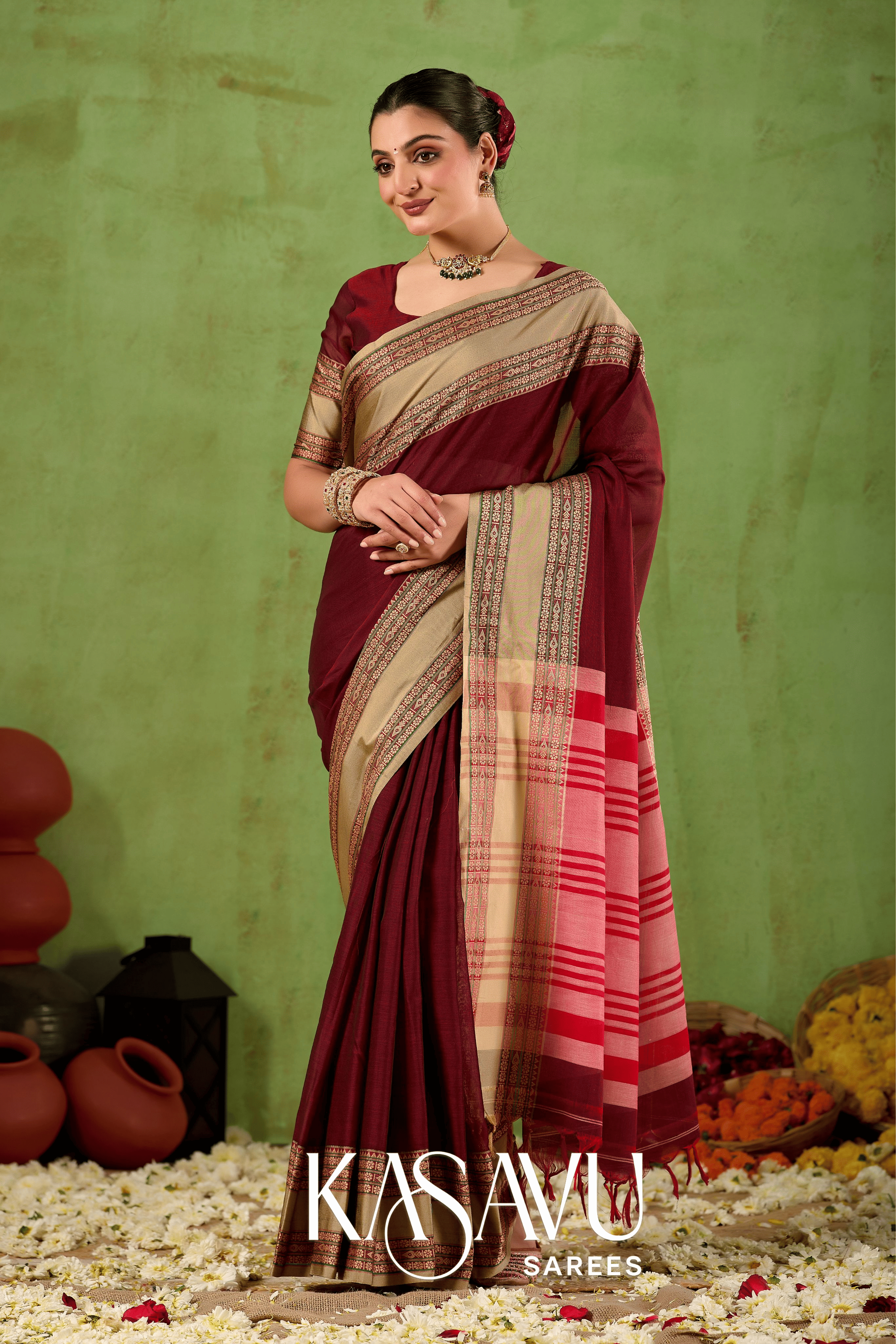 Kasavu Maroon Narayanpet Cotton Saree