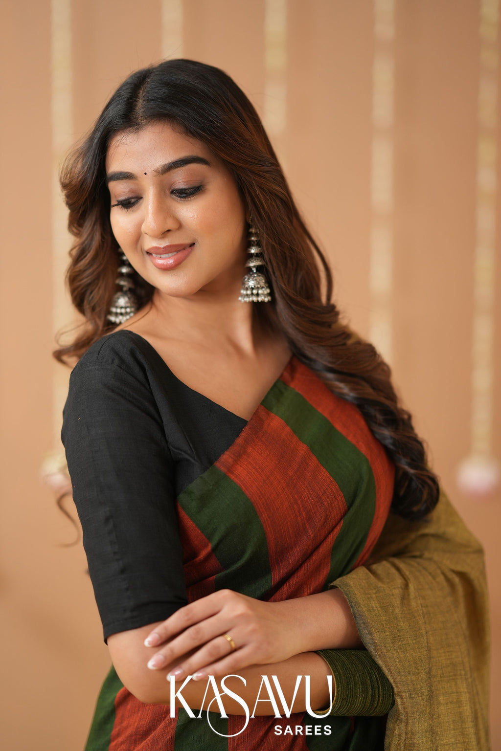 Kasavu Green Khadi Cotten Saree with Multicolour Border & Designer Blouse