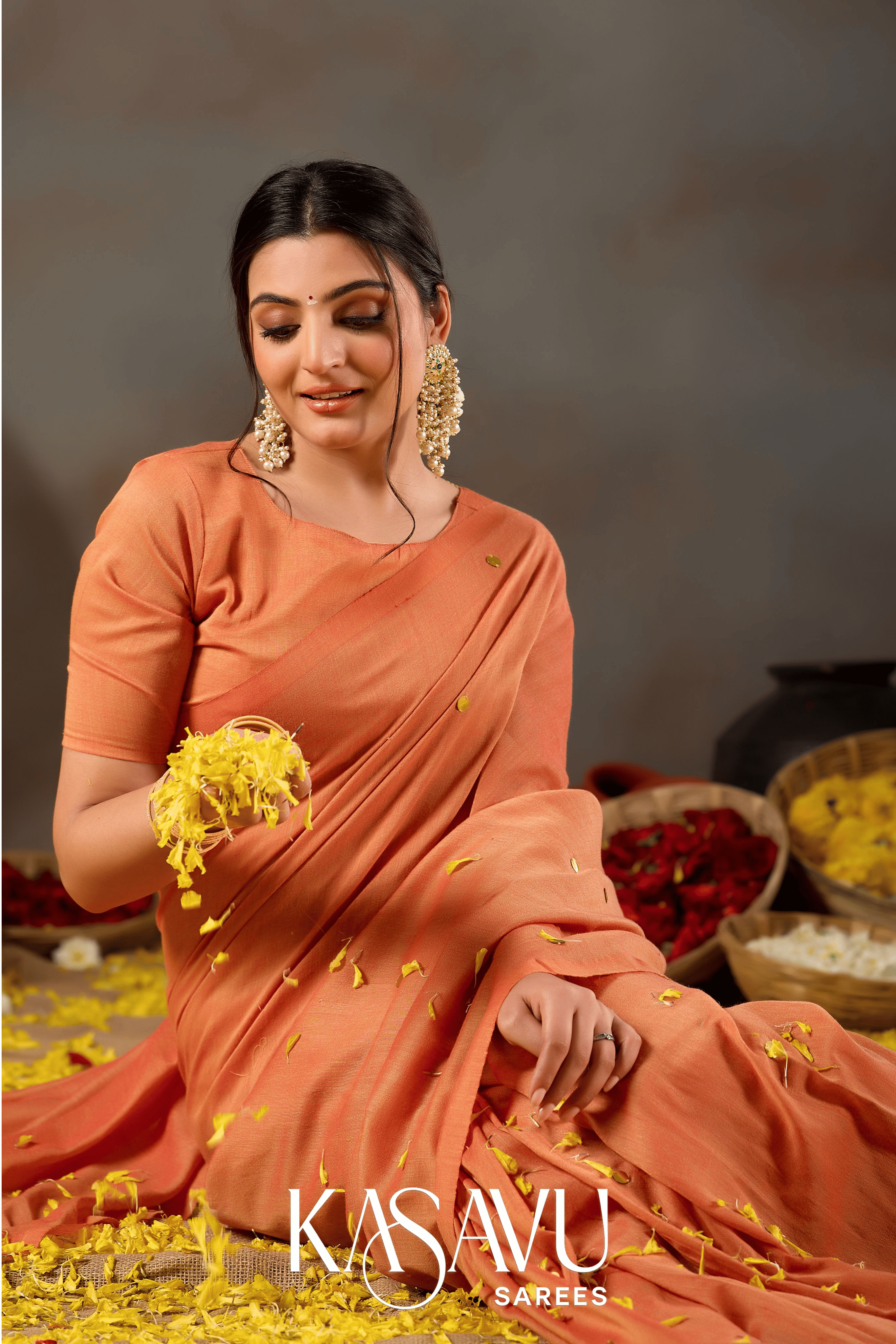 Kasavu Orange Gini Cotton Saree